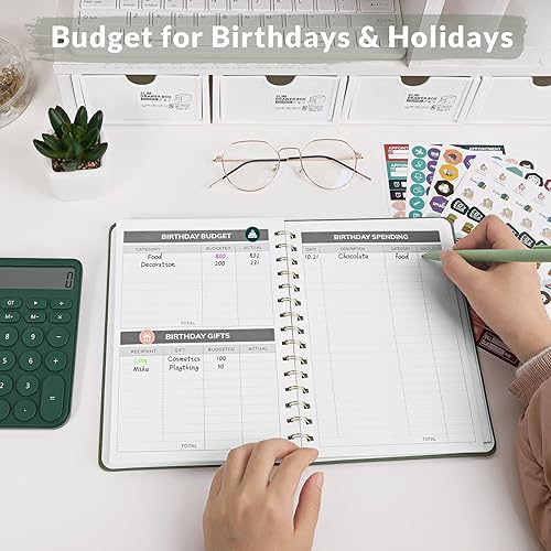 Miniatura 4 de SKYDUE Planificador de presupuesto de poliuretano, libro de presupuesto A5, organizador de facturas mensuales con bolsillos y 4 calcomanías,