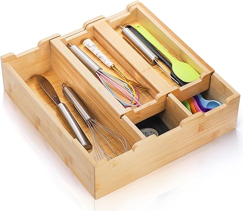 Okllen Organizador de cajones de cocina de bambú, bandeja organizadora apilable de 2 niveles, organizador de cubiertos para armario de cocina,