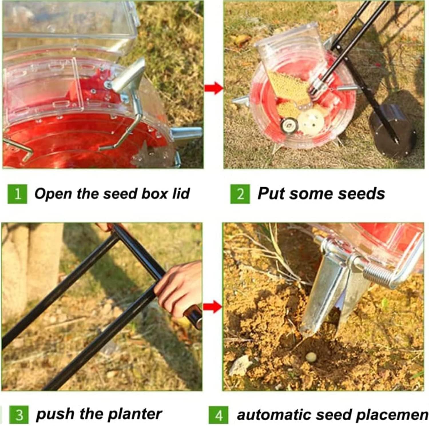 Garden Seeder, Precision Push Seeder, Adjustable Pitch Manual Seeder, Lawn and Garden Compost Spreader, for Plants Corn, Bean, Vegetables,8Holes