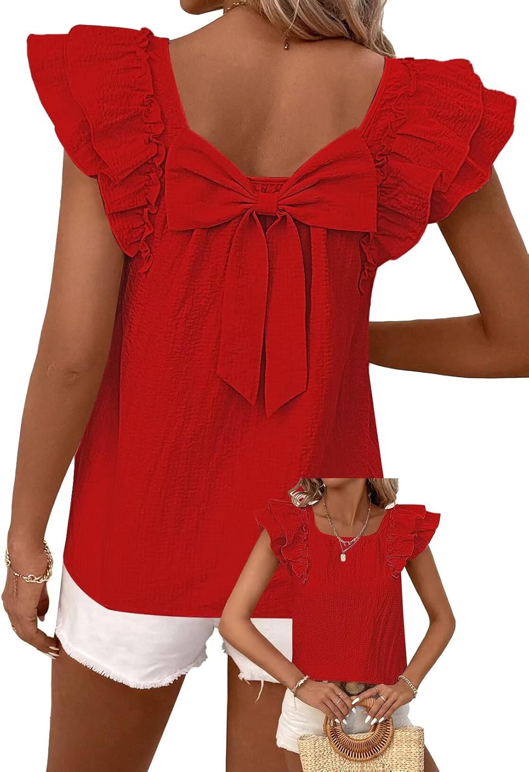 Falechay Womens Bow Tie Back Tops Round Neck Ruffle Short Sleeve Shirts Cute Babydoll Chiffon Tee Women Summer Trendy Tunic