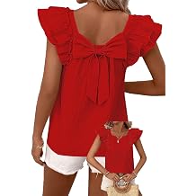 Womens Bow Tie Back Tops Round Neck Ruffle Short Sleeve Shirts Cute Babydoll Chiffon Tee Women Summer Trendy Tunic