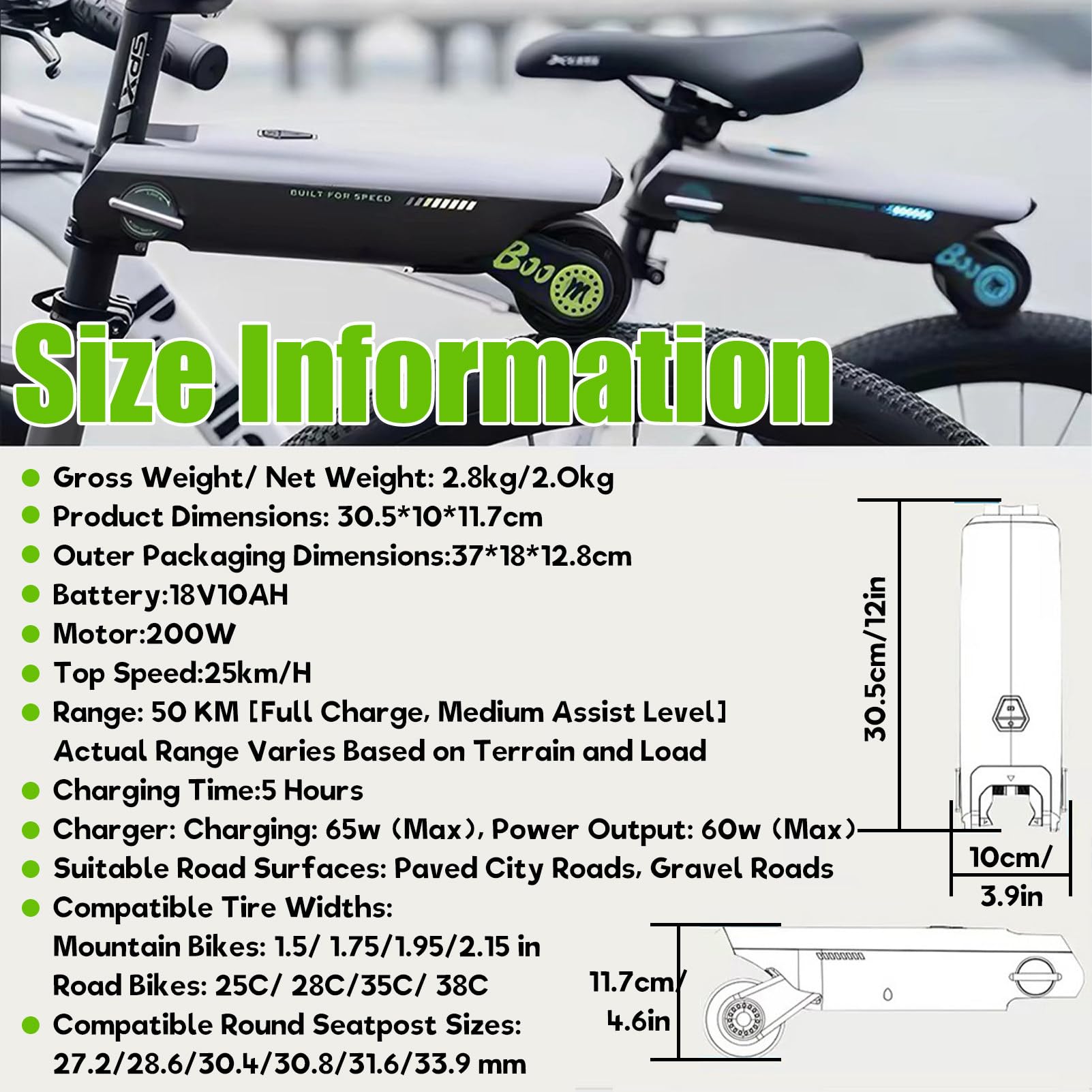 Kit di assistenza elettrica per biciclette, Booster per bicicletta, Kit di conversione elettrica invisibile, per mountain bike e bici da strada, spostamenti urbani, gite e uscite al parco. Green
