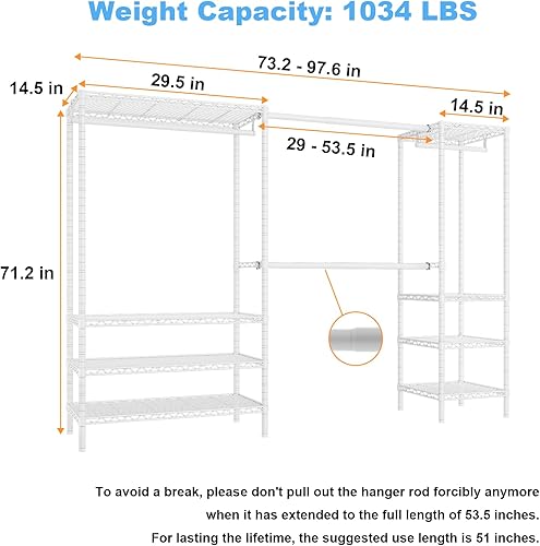 Miniatura 5 de Ulif E11 - Perchero de metal independiente para ropa y armario con 8 estantes y 4 barras para colgar, (73.2-97.6 pulgadas) de ancho x 14.5 pulgadas