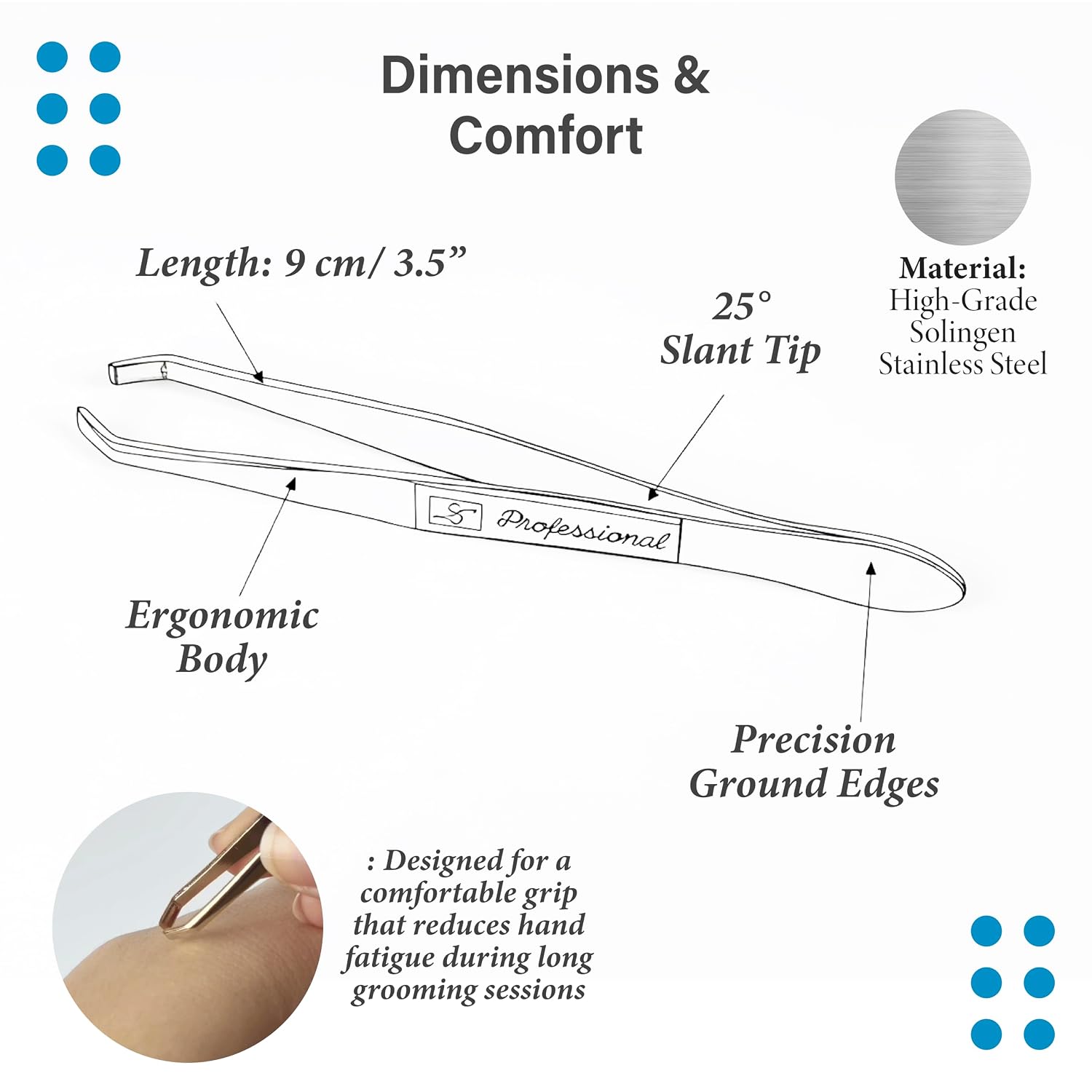 Solingen Germany Slant Tip Stainless Steel Eyebrow & Facial Hair Hand-Filed Made in Germany