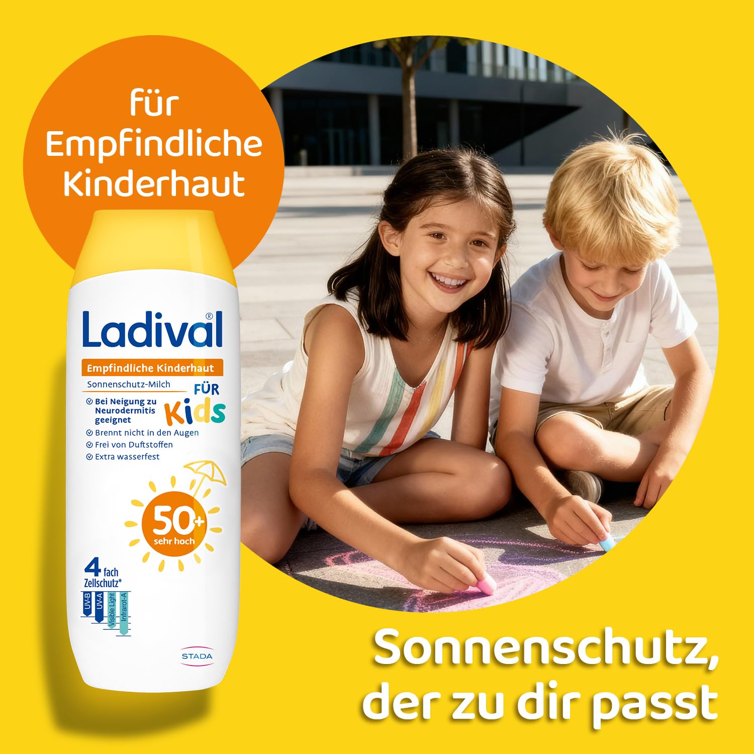 Ladival® Empfindliche Kinderhaut Sonnenschutz-Milch LSF 50+ für Kinder und Babys ab 6 Monaten, extra wasserfest, mit 4-fach Zellschutz, Sonnencreme 250ml