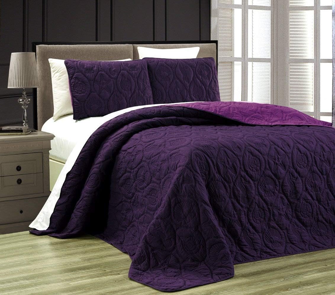Grand Linen 3-Piece Tropical Coast Seashell Beach Queen Oversize Bedspread Dark Purple/Light Purple Reversible Coverlet Embossed Bed Cover Set. Sea Shells, Sea Horse, Starfish etc.