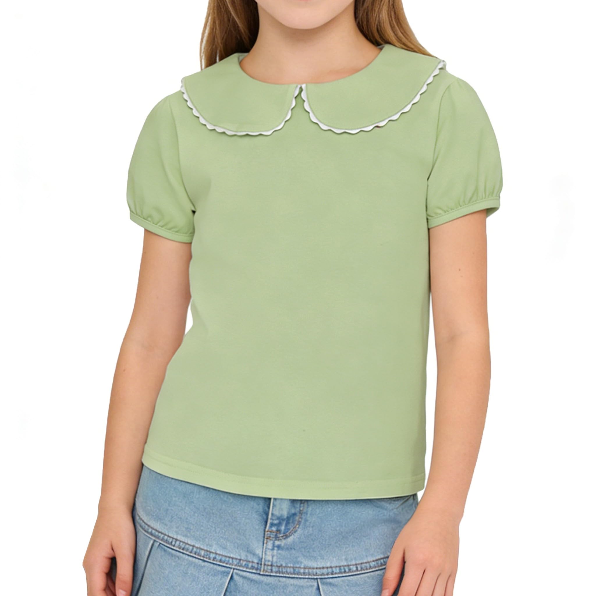 LYSMuch Girl Short Sleeve Peter Pan Collar Shirt Kid School Polo Shirt