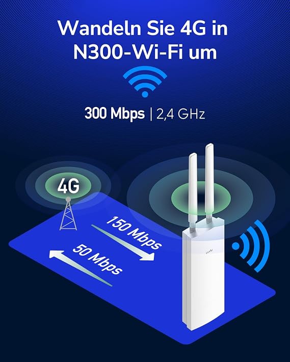 Cudy Unlocked Outdoor 4G LTE Cat4 Modem Router with SIM Card Slot N300 WiFi IP65 Removable Cellular Antennas Passive PoE Adapter Included VPN LT400 Outdoor