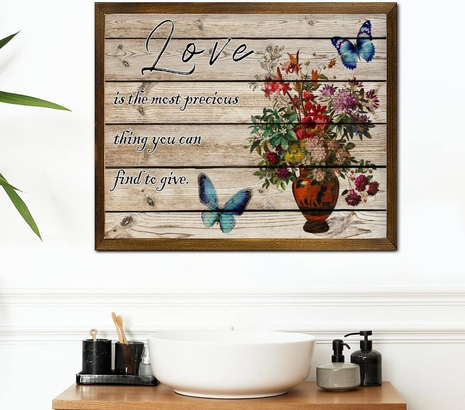 Love is The Most Precious Thing You Can Find to Give Wooden Framed Signs Butterfly Dahlia Flower in Vase Wood Plaque Retro French Floral Hanging Wall Signs Decor for Indoor Holiday Home 16x20 Inch