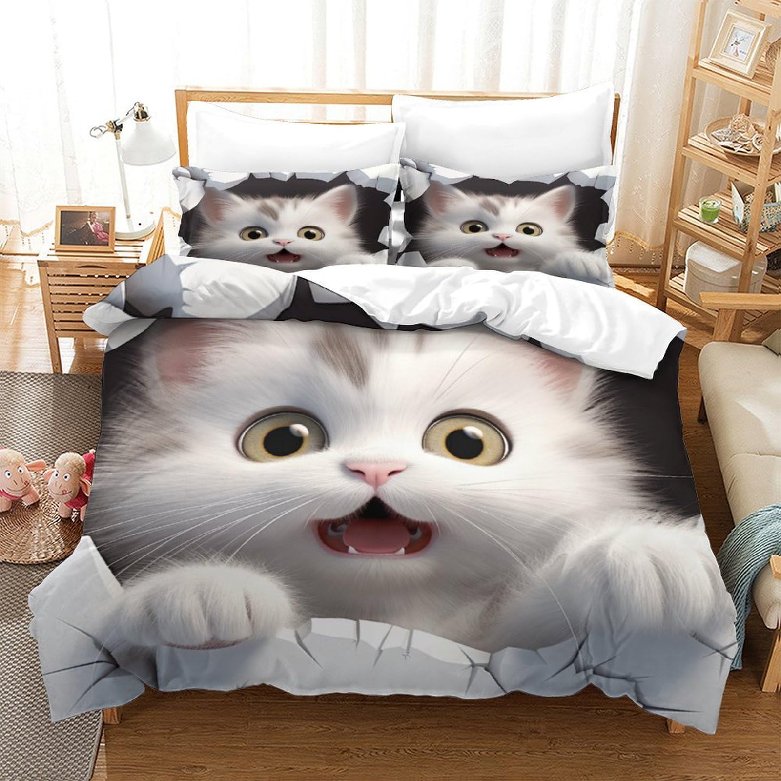 Gato de Dibujos Animados Juego De Ropa De Cama 3 Piezas Juego De Animal 3D Funda De Edredón con Fundas De Almohada De Suave Microfibra con Cremallera para Niños Y Niñas Infantiles Double（200x200cm）