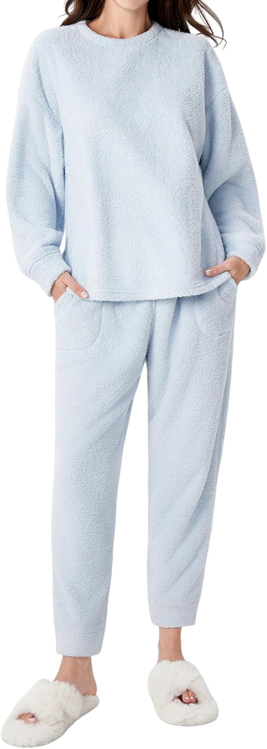 DAVID ARCHY Women's Fleece Loose Pajamas Warm Soft Fluffy Winter Loungewear Thermal Sleep Pjs Set with Pockets