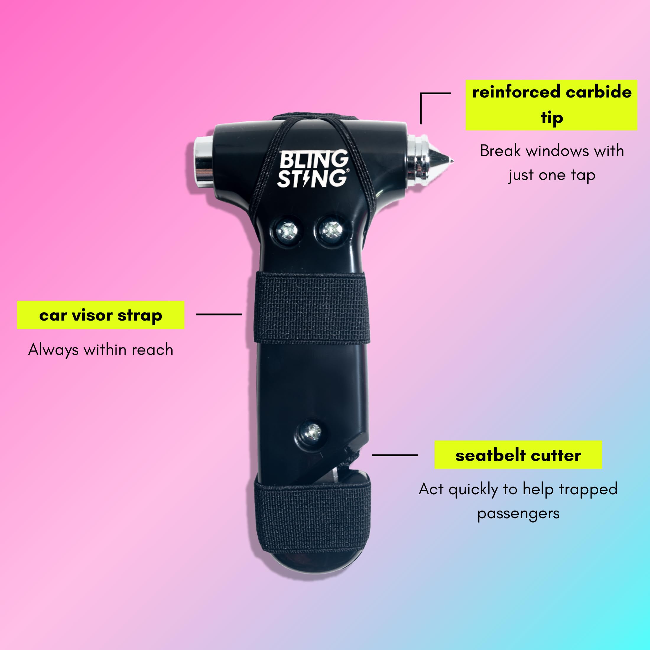 BLINGSTING Martillo de seguridad, herramienta de escape automotriz de emergencia con interruptor de ventana, cortador de cinturón de seguridad y correa ajustable para visera de coche, rompedor de