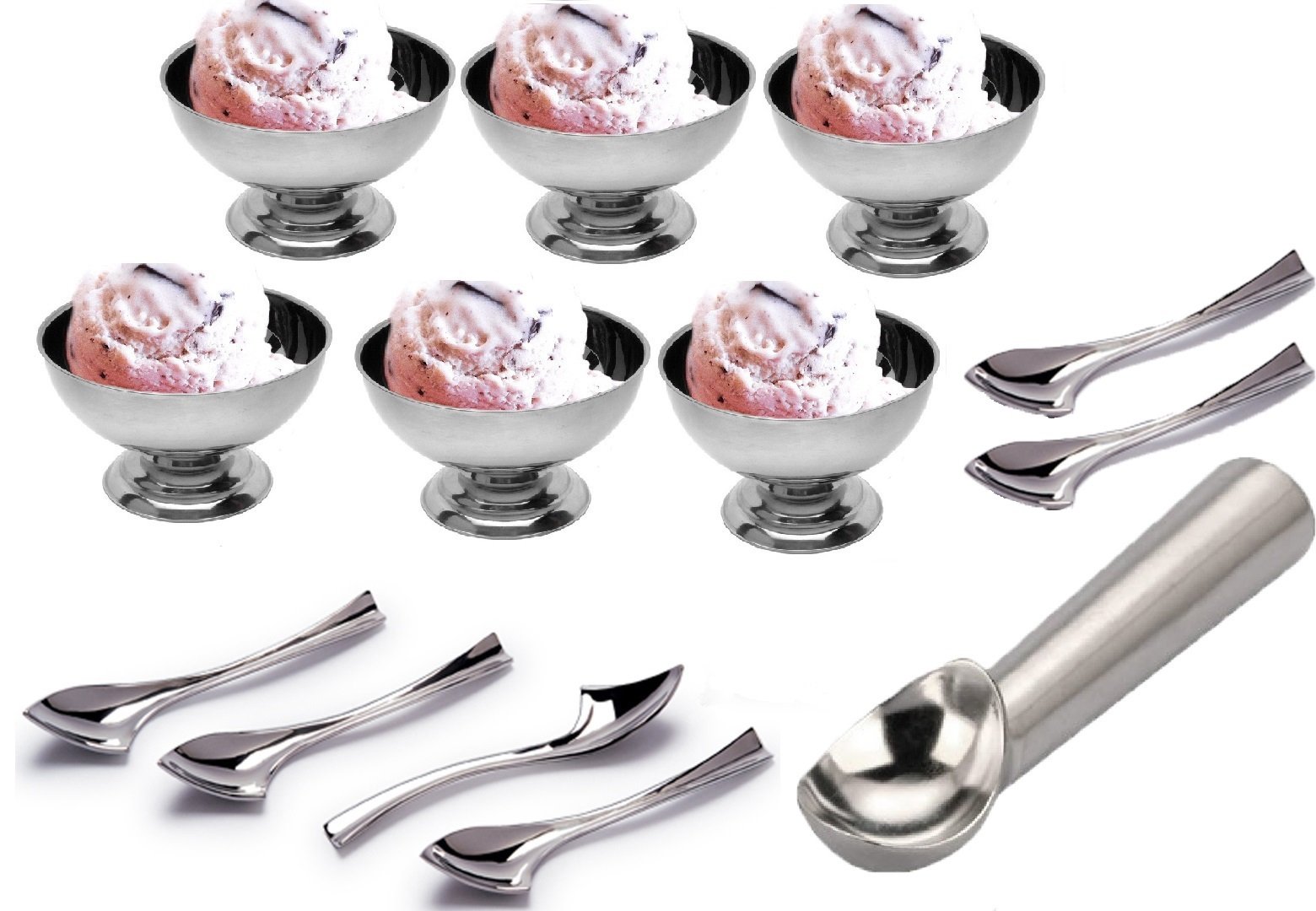 Dynore Stainless Steel Set of 13-6 Piece ice Cream Cups/Soup Bowl and 6 ice Cream Spoon with 1 Heavy Gauge ice Cream Scoop 1