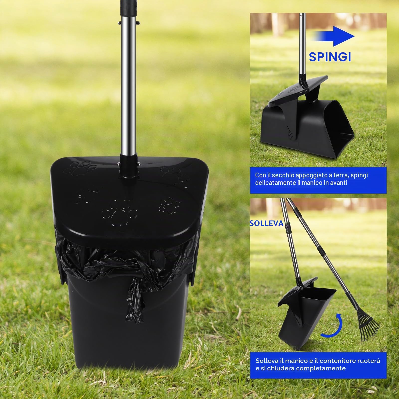 Paletta raccogli cacca cani con 20 sacchetti per rifiuti Set di Pooper Scooper da 100cm a Manico Lungo per Cani per Prato Giardino Ghiaia Erba Non si piega Portatile Ideale per Rimuovere la Cacca