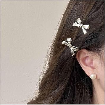 Vintage Small Metal Bow Hair Clip Barrette Silver Bowknot Hair Barrette Clamp Glossy Bowtie Pin Clips Decorative Accessories for Women 2Pcs Silver
