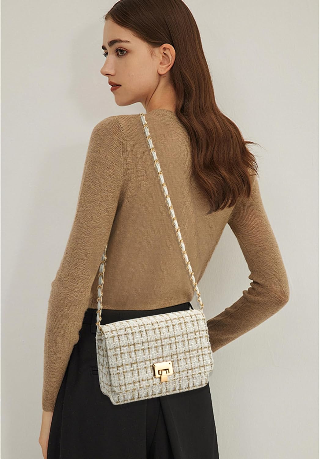 Small Quilted Shoulder Bag for Women Fashion Tweed Mini Clutch Handbag Purses Designer Crossbody Bag, with Chain Strap