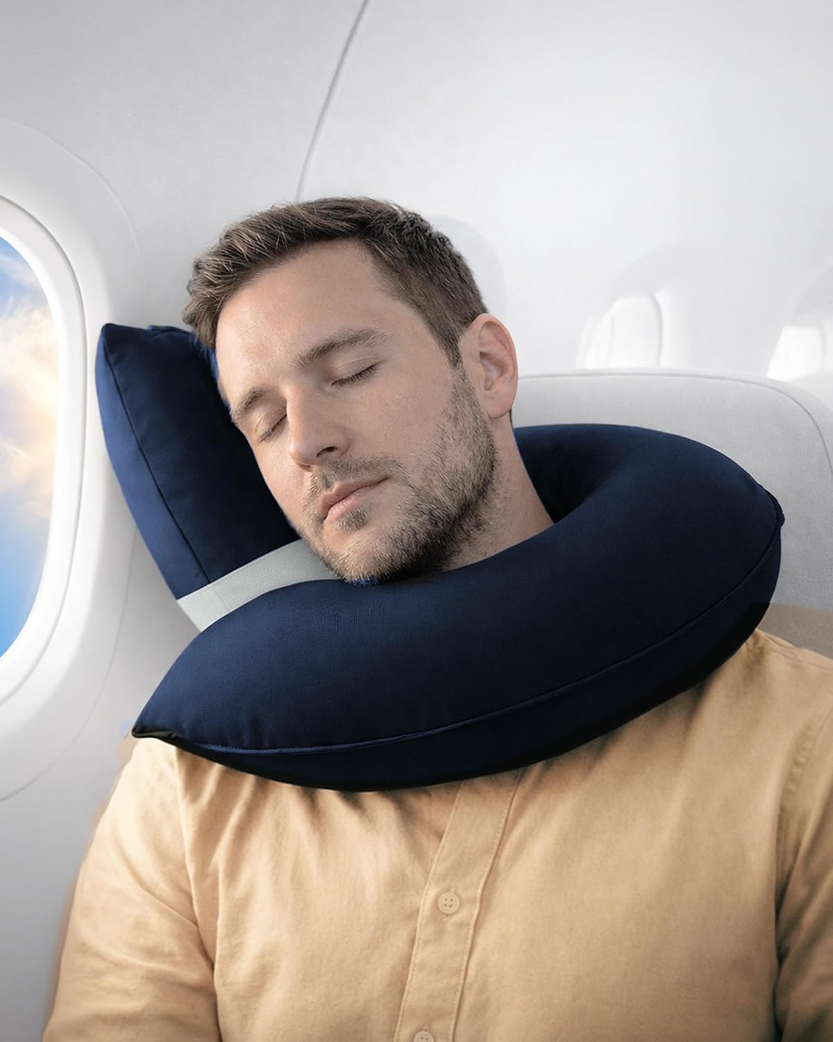 CANDY CANE Inflatable Neck Pillow for Airplane Travel with JShaped Design and 360° Support – Window Leaning Head & Chin Rest for Long Flights – Compact Blow Up for Air Travel
