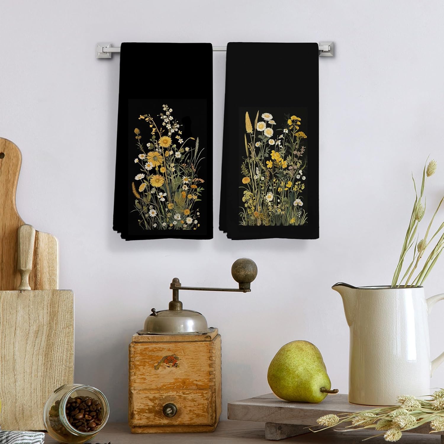 Boho Vintage Floral Kitchen Towels, Botanical Dark Cottagecore Flowers Floral Decorative Kitchen Towels Set, Retro Floral Hand Dish Tea Towels for Farmhouse Kitchen Bathroom 16x24in - Image 2