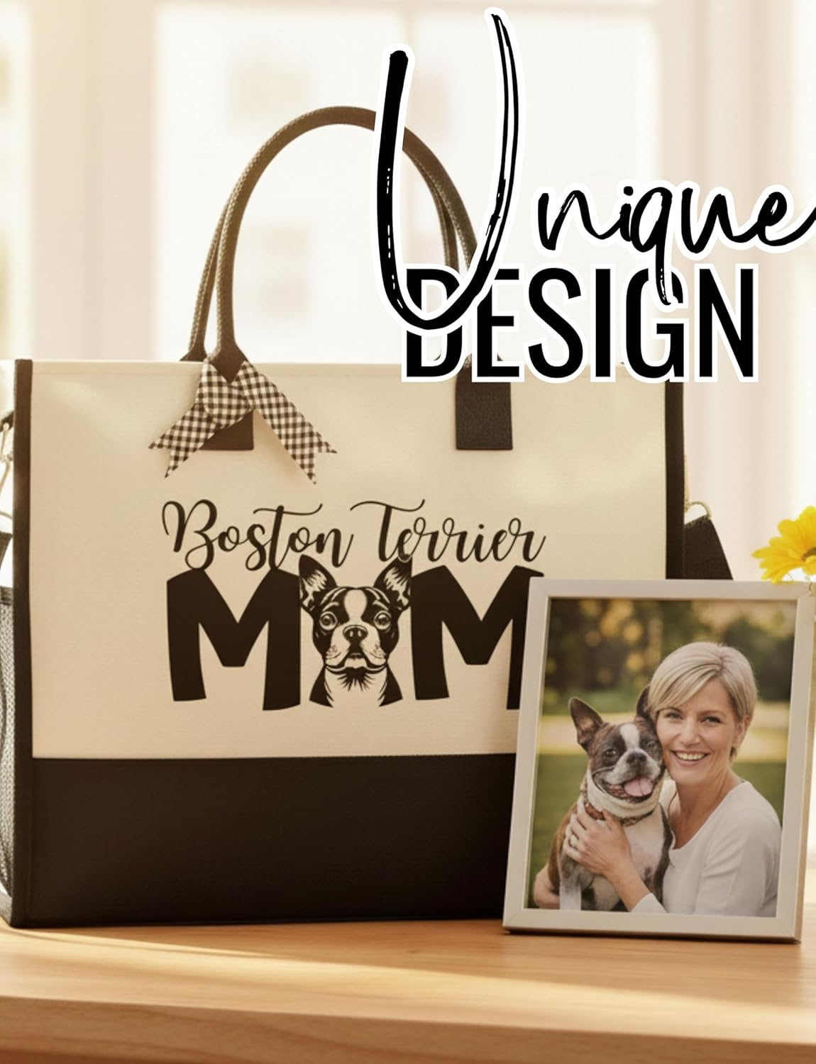 InnoBeta Boston Terrier Gifts for Women Canvas Tote Bag, Boston Terrier Gifts, Tote with Top Zipper Closure and Shoulder Strap for Birthday, Mother's Day, Christmas