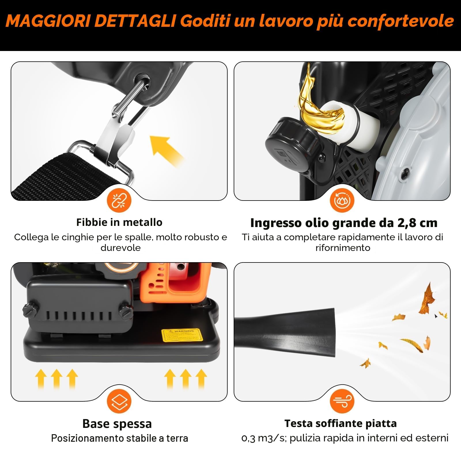 Soffiatore a Scoppio 63CC 2.7kW, Aspirafoglie da Giardino a Benzina con Tracolla Regolabile, Soffiatore a Batteria Potente Autonomia 1h, Aspiratore Foglie da Giardino 0.3m³/sec
