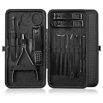 Professional 15-in-1 Stainless Steel Manicure & Pedicure Set - Luxury Grooming Kit for Men & Women with Leather Case, Travel Essentials for Nail & Foot CareBlack