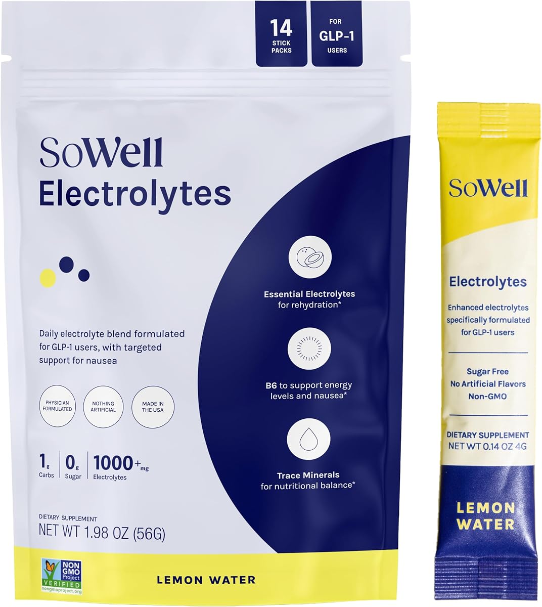 SoWell GLP-1 Enhanced Electrolytes Lemon Water Drink Mix, Hydration Support Powder with Coconut Water, Trace Minerals and B6 Vitamins, Sugar-Free, 14 Stick Packs
