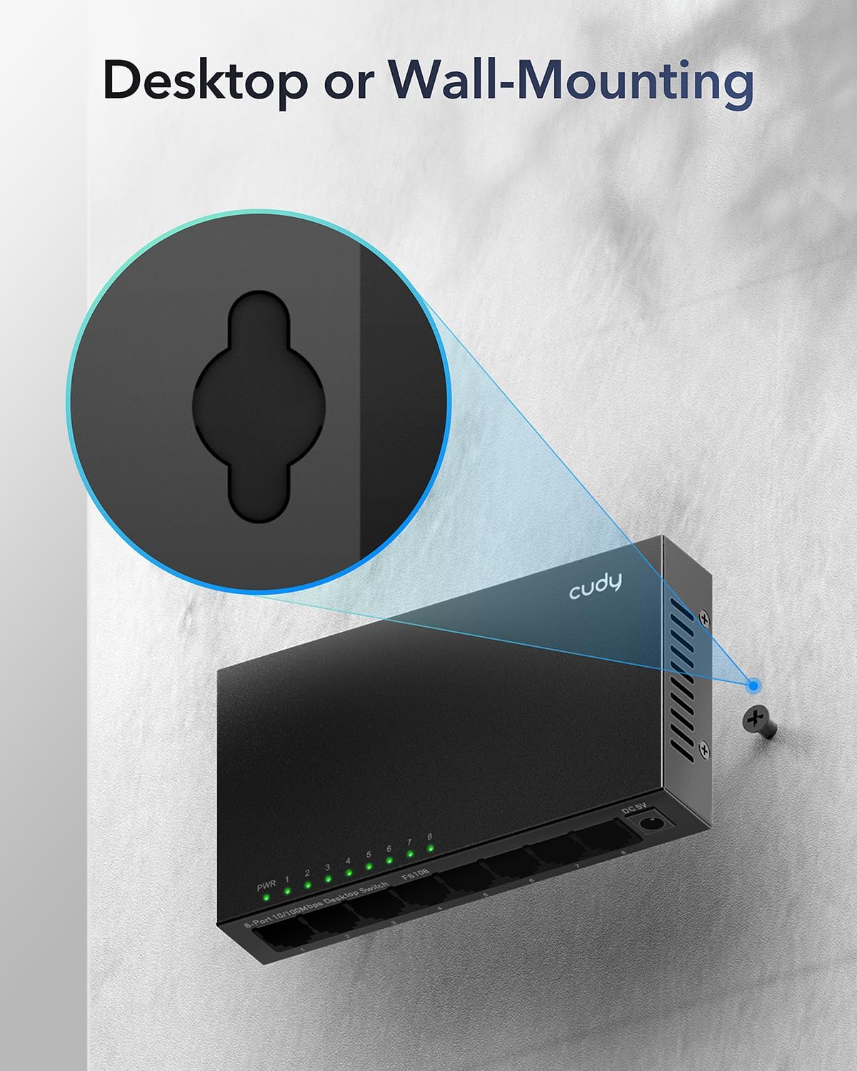 Schéma znázorňující možnost montáže na zeď pro přepínač Cudy GS108