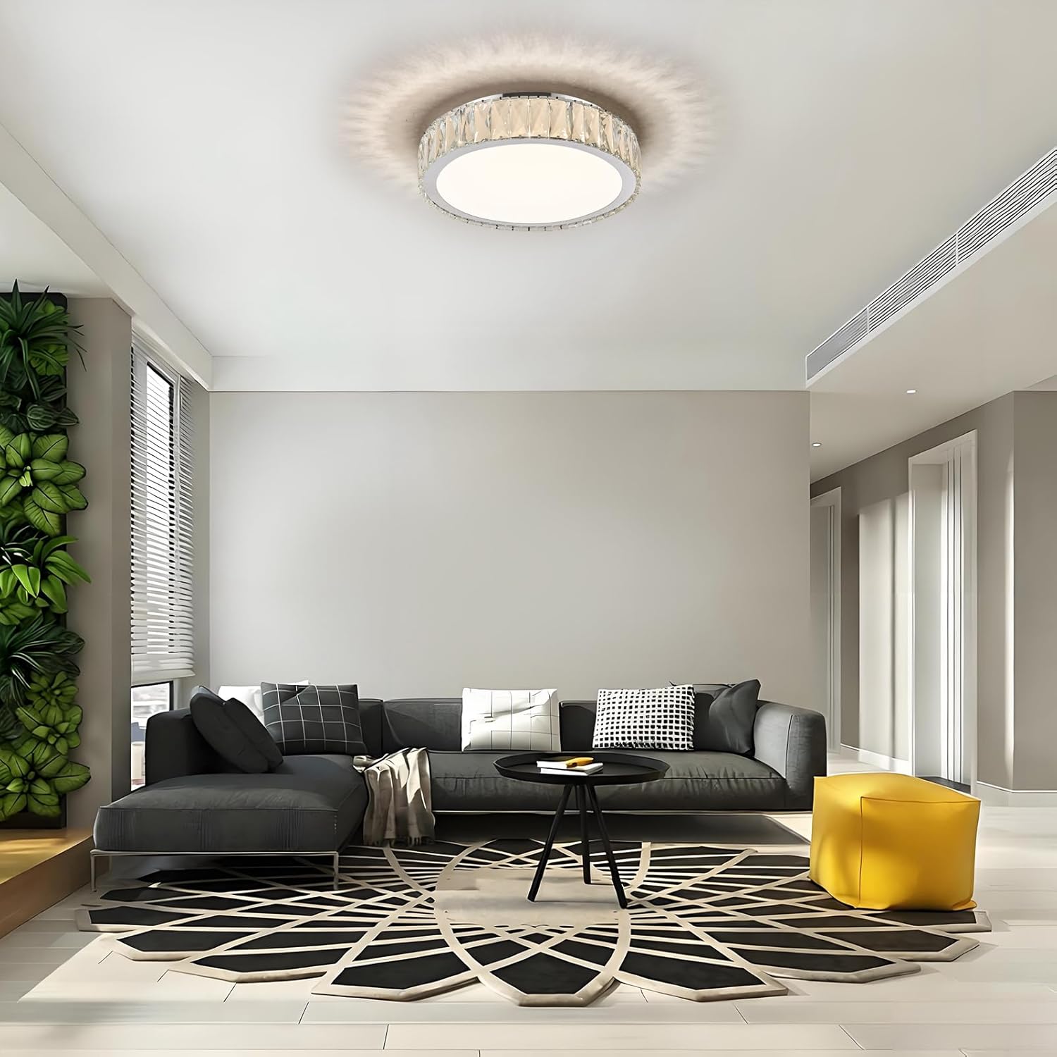 Dimmable Modern LED Crystal Flush Mount Ceiling Light Fixture,Luxury Chrome Round Lighting Fixtures,15 Inch 36W 5CCT 3000K-6000K Large Bedroom Chandelier for Hallway Kitchen Living Room