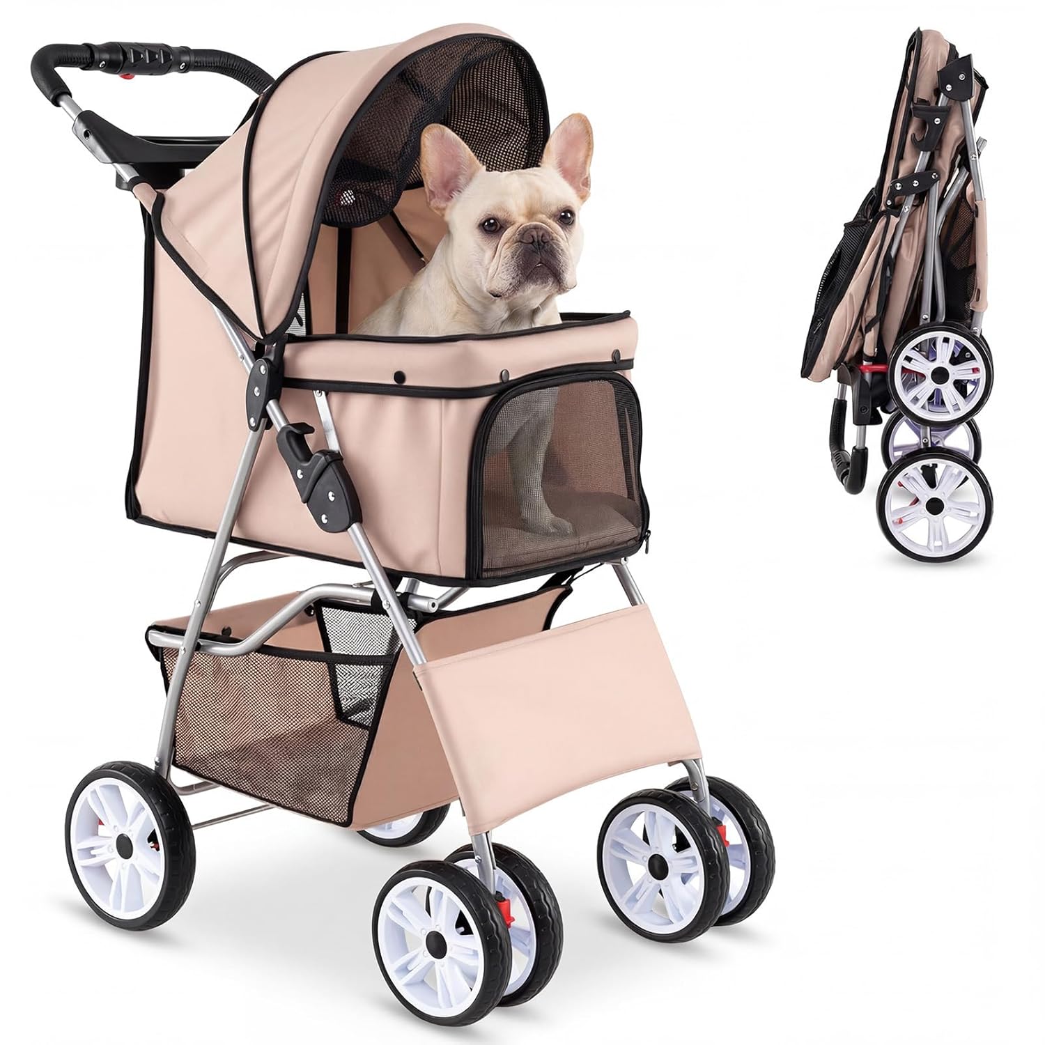 Giantex Foldable Pet Stroller for Small Dogs & Cats, Lightweight Dog Stroller with Lockable Wheels, One-Hand Quick Fold, Adjustable Canopy, Safety Leash & Storage Basket, Pet Travel Stroller, Beige