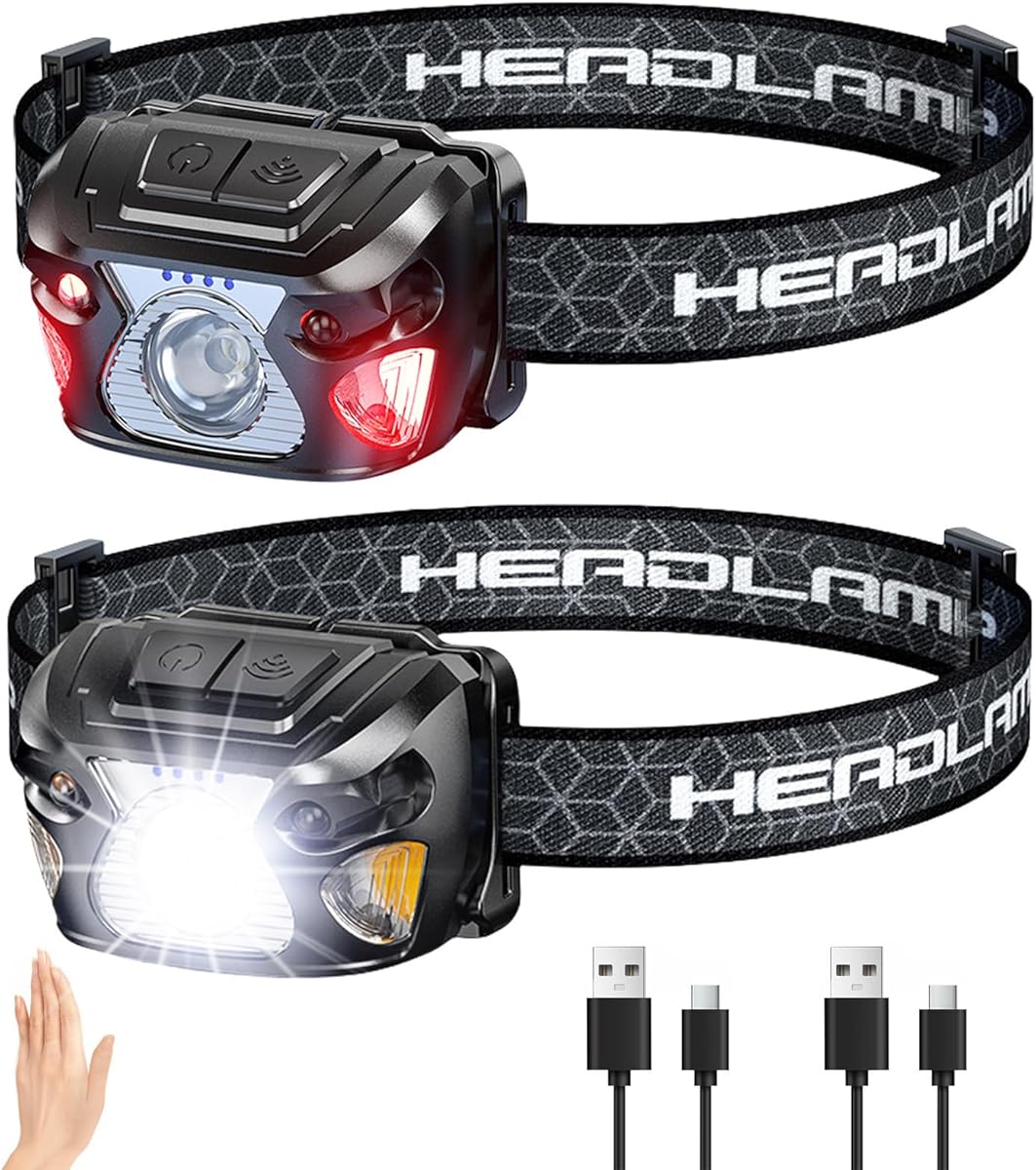 JIASESCS Head Torch Rechargeable,2PCS Headlamp with Red Light,Motion Sensor,6 Lighting Modes,Long Runtime,Lightweight and Waterproof Headtorch for Kids Adults Hiking,Running,Night Fishing and Camping