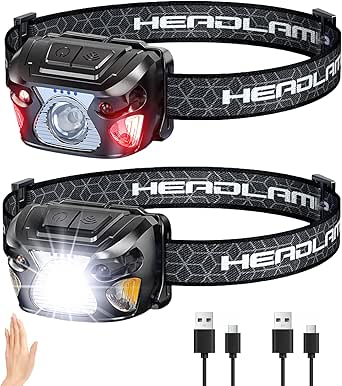 JIASESCS Head Torch Rechargeable,2PCS Headlamp with Red Light,Motion Sensor,6 Lighting Modes,Long Runtime,Lightweight and Waterproof Headtorch for Kids Adults Hiking,Running,Night Fishing and Camping