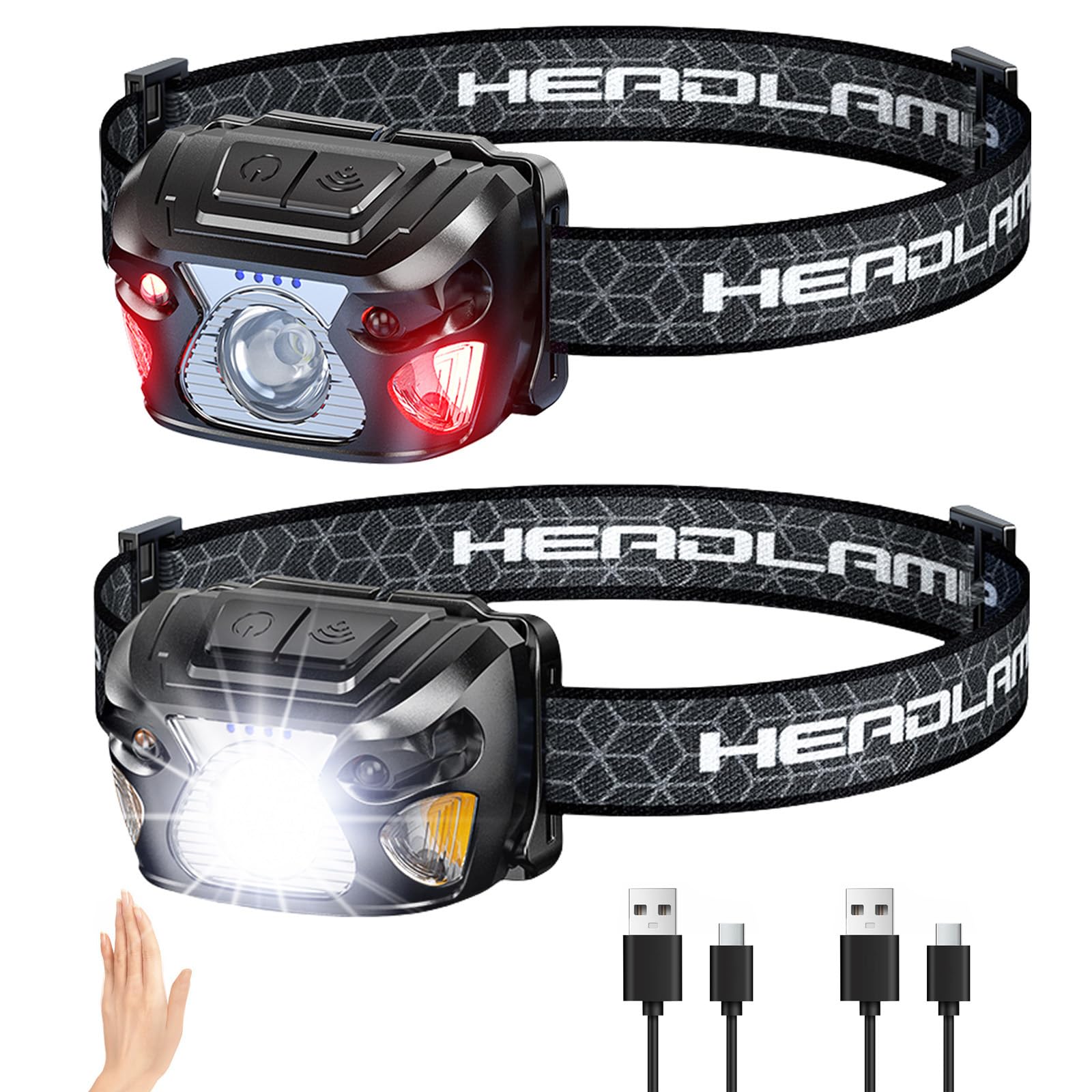 JIASESCS Head Torch Rechargeable,2PCS Headlamp with Red Light,Motion Sensor,6 Lighting Modes,Long Runtime,Lightweight and Waterproof Headtorch for Kids Adults Hiking,Running,Night Fishing and Camping