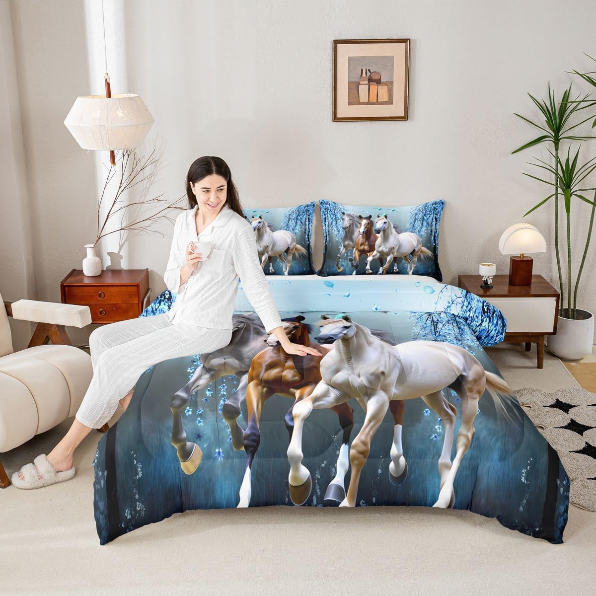 Feelyou Horse Bedding Set Queen Size for Girls Boys,Cherry Blossom Dreamy Blue Galloping Horse Kids Toddler Comforter Set Teens Western Duvet Comforter Floral Wild Animal Decor Quilt Set Bedroom 3Pcs