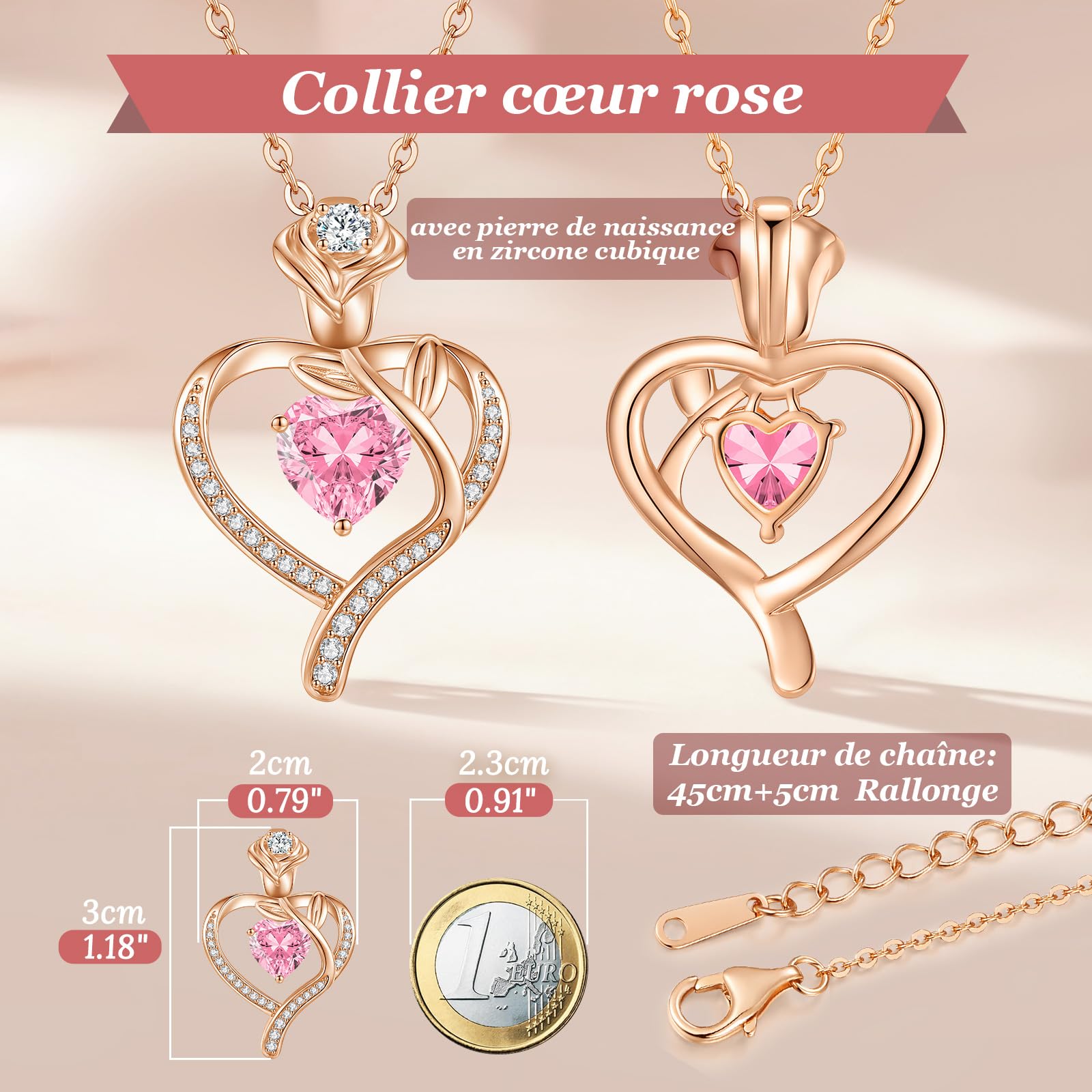 CDE Collana donna rosa d'amore ciondolo cuore argento 925 regalo donna, 45+5cm, placcato rodio oro rosa, Zirconie sintetico | Cristalli Pietra di Nascita Regali Idee per Lei Natale Compleanno San Valentino per Mamma Fidanzata Amore Nonna