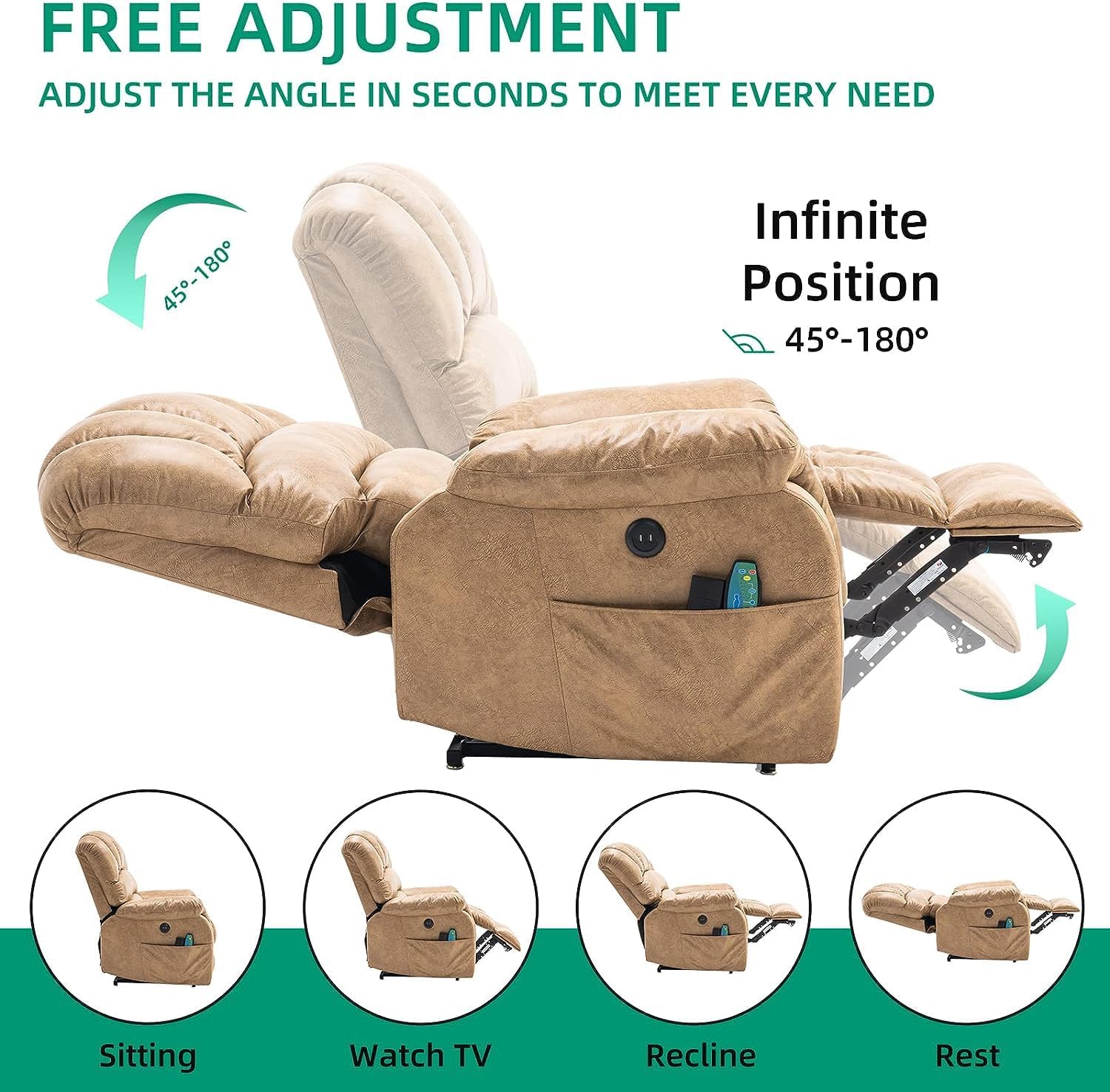 VIVIJASON Large Dual OKIN Motor Lay Flat Sleeper Lift Recliner Chair with Heat  Massage for Elderly, Infinite Position Electric Power Recliner with 2 Remote Controls, Side Pockets  USB Ports, Gray