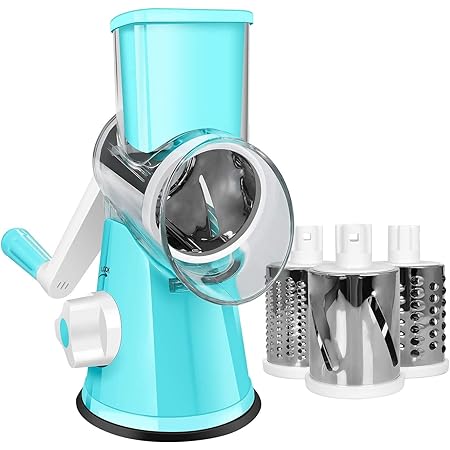 SEYODA Graters for Kitchen,Cheese Grater Efficient Vegetable Slicer with 3 Interchangeable Round Stainless Steel Blades,Easy to Clean Rotary Cheese Grater for Fruit,Vegetables,Nuts. (Blue)