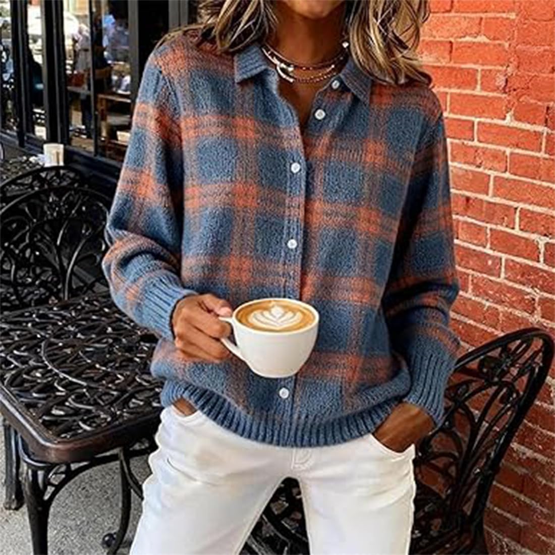 Women's Plaid Print Casual Cotton Buttoned Cardigan Sweater, Featuring Shirt Collar and Versatile Over-Hip Length - Image 4