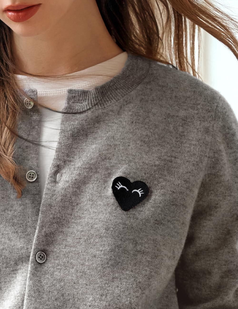 Women's Grey Cardigan, Crew Neck Button up Cropped Long-Sleeve Lightweight Sweater with Heart Pattern