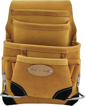 Style n Craft 10-Pocket Carpenters Nail & Tool Pouch, Heavy-Duty Leather Tool Pouch, Perfect and Durable Full-Grain Leather Pouch, Yellow with Black Leather Corners #93923