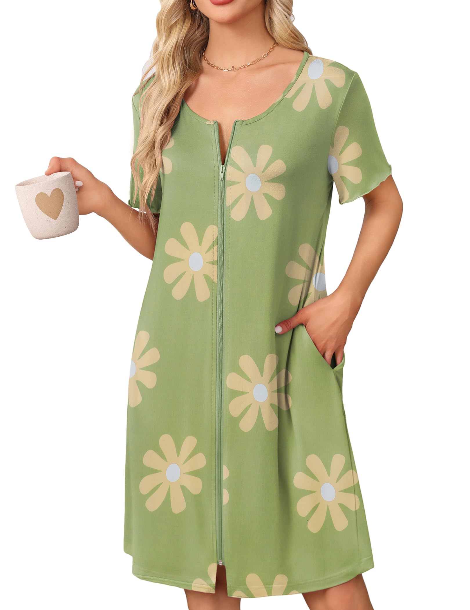 Ekouaer Womens' Zipper Robe Short Sleeve Bathrobes Summer Sleepwear Soft Housecoat with Pockets Zip Up House Robes S-3XL