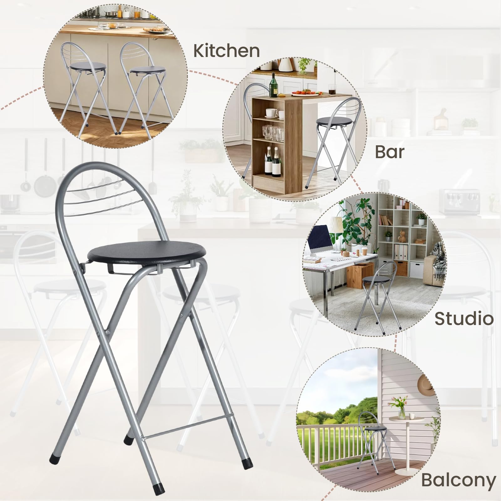 Barhocker Klappbarer, Barhocker mit Lehne, Keine Montage Erforderlich, Tragbarer Outdoor, Geeignet Für Küche, Bistro, Geschäft, Veranstaltungen im Freien (Schwarz und Silber)