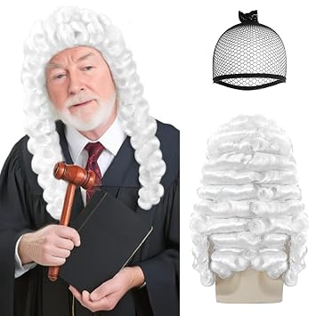 JoneTing White Colonial Judge Wig Lawyer Wig Long Curly Hair for Men Outfit