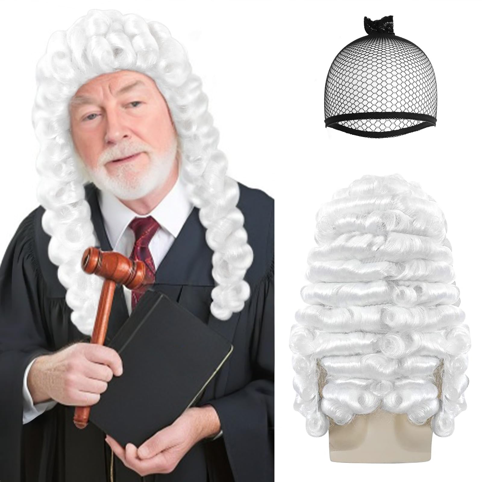 JoneTing Men White Colonial Judge Wig【 +Hair Cap】 Lawyer Wig Long Curly Hair for Men Powdered Peluca Blanca for Halloween Costume Funny White Judge Wigs for Christmas Party