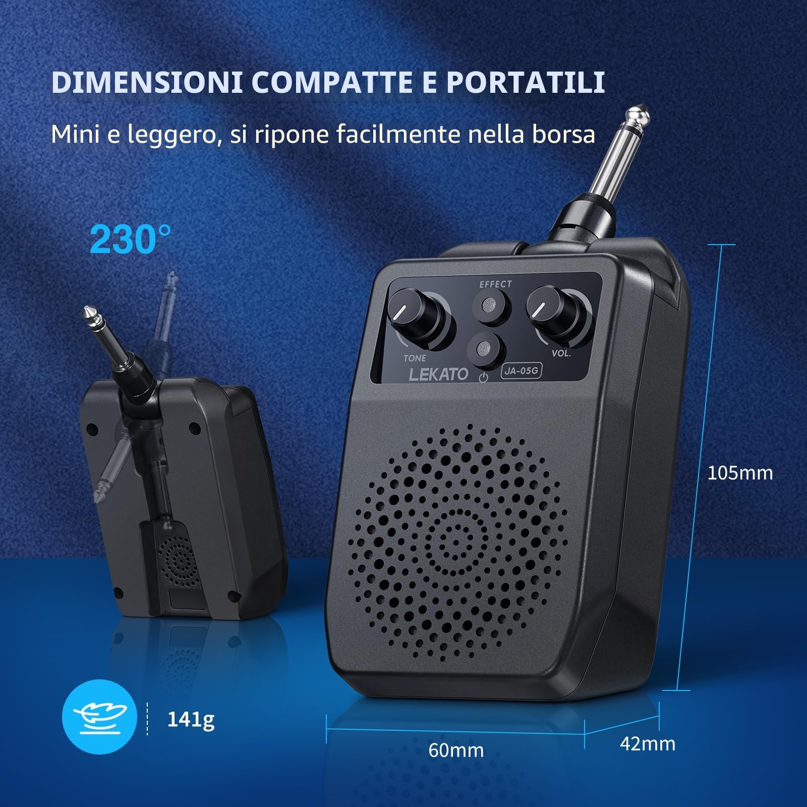 LEKATO Mini Amplificatore per Chitarra Portatile Ricaricabile Bluetooth, Multieffetti con Riverbero Distorsione Overdrive Clean