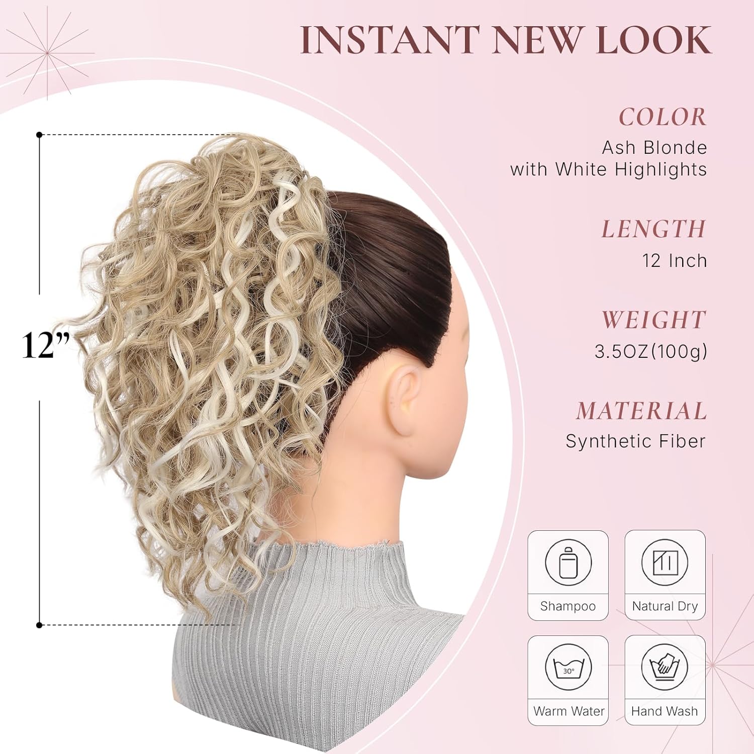 Clip on Ponytails for Women - 12 Inch Curly Ponytail Extension, Curly Pony Tails Hair Extensions, Synthetic Clip in Ponytail Hair Extensions (Color: Ash Blonde with White Highlights) 12 Inch Ash Blonde with White Highlights