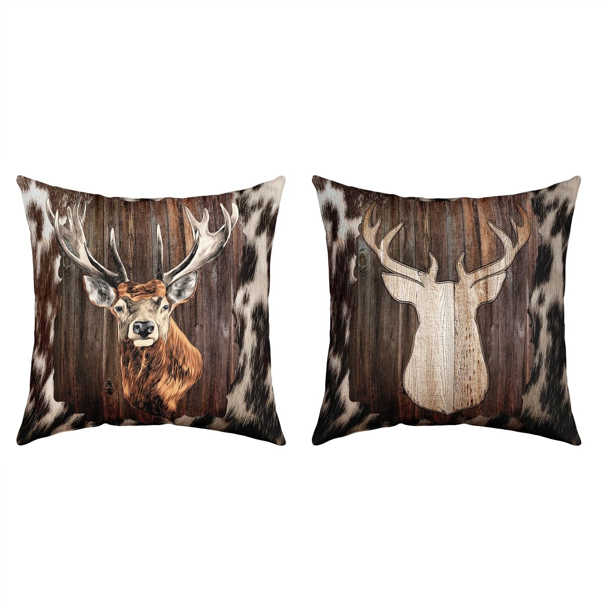 Set di 2 federe per cuscino con cervo, 40 x 40 cm, in pelliccia di mucca, per soggiorno, divano, reversibile, fattoria occidentale, decorazione per la pelle degli animali, colore marrone