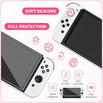RHOTALL Cute Sakura Carrying Case Set for Nintendo Switch OLED,Pink Flower Accessories Bundle for Switch OLED with Hard Case, Screen Protector, 4 Thumb Caps, Wrist Band and Shoulder Strap