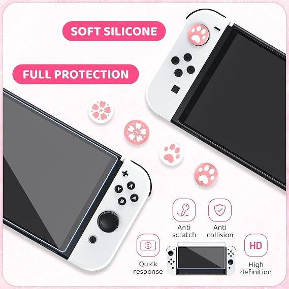 RHOTALL Cute Sakura Carrying Case Set for Nintendo Switch OLED,Pink Flower Accessories Bundle for Switch OLED with Hard Case, Screen Protector, 4 Thumb Caps, Wrist Band and Shoulder Strap