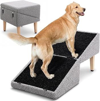 3-in-1 Dog Ramp with Storage 18.9"17.7"18.9", Dog Steps Anti-Slip, Foldable Pet Stairs, Ottoman Pet Ramp for Puppy Senior or Injured Dogs & Cats, Supports 220 lbs for Couch & Bed