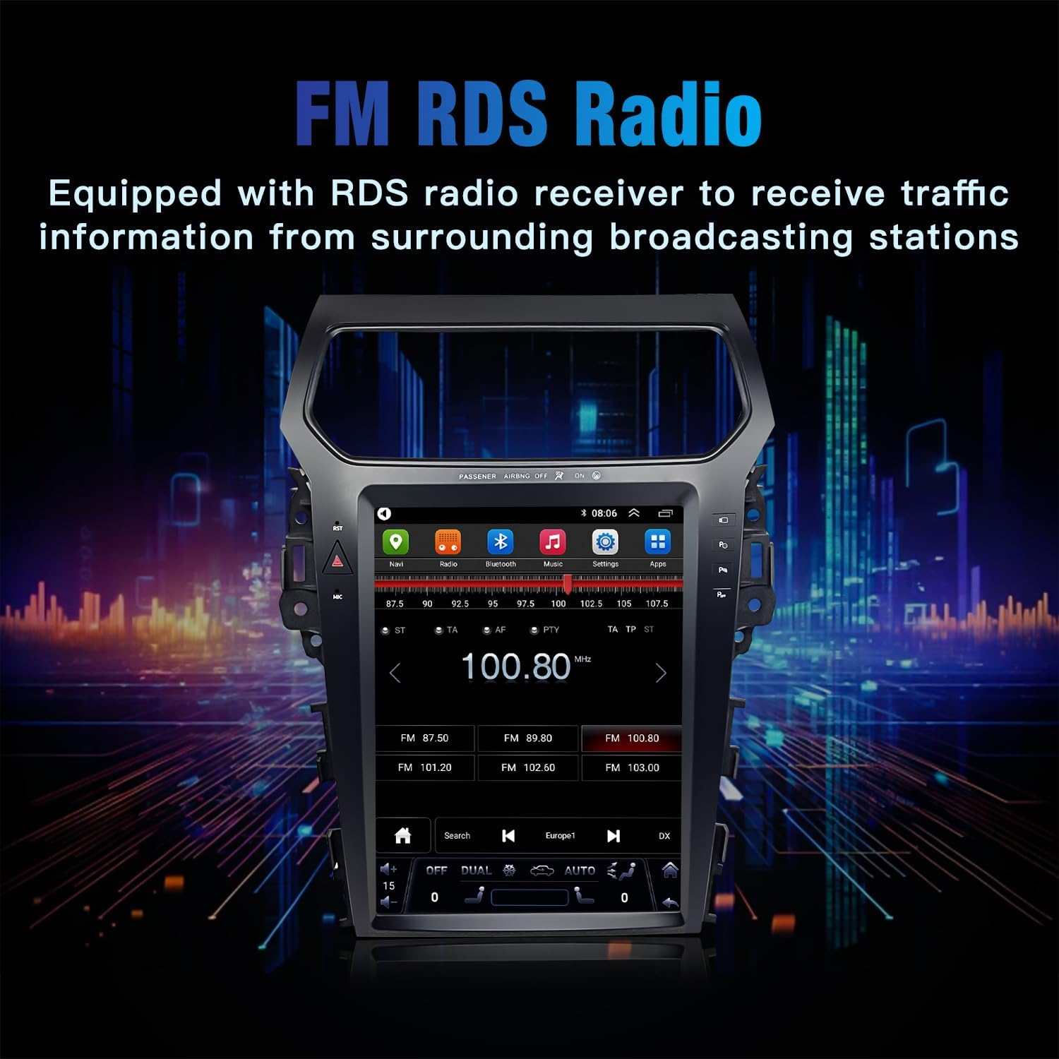 FM RDS Radio interface showing frequency tuning and station presets.
